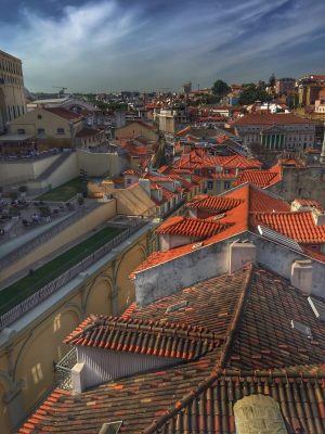 Aerial view of terracotta clay tile rooftops typical of South Florida Spanish-style architecture