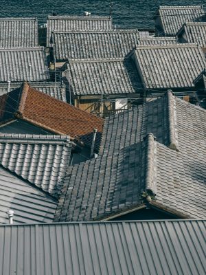Aerial view of residential rooftops showing various tile conditions during neighborhood inspection